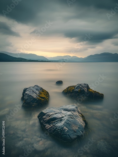 The rocks covered with algae are washed by water. photo