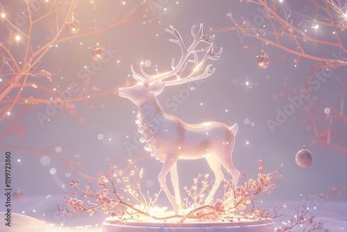 Holy light, crystal white deer, very detailed 3d animation,super clear, transparent, focusing light, optics, realism, Twig Christmas bell ornamentsred podium, pale violet background magic, fantasy,  photo