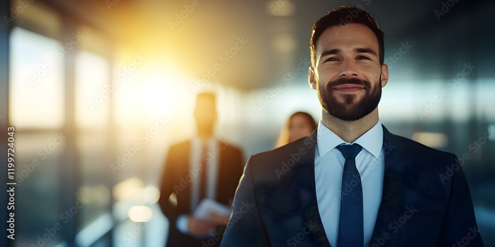 Fototapeta premium A confident man in a suit smiling, with two blurred figures behind him and bright sunlight streaming through a window. Concept Confident Businessman, Professional Attire, Blurred Background