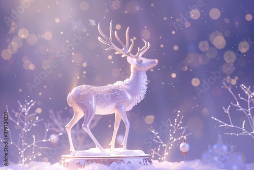 Holy light, crystal white deer, very detailed 3d animation,super clear, transparent, focusing light, optics, realism, Twig Christmas bell ornamentsred podium, pale violet background magic, fantasy,  photo