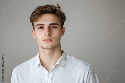 High Detail Picture of Caucasian Young Mans Halflength Portrait Beautiful Male Model in Shirt photo