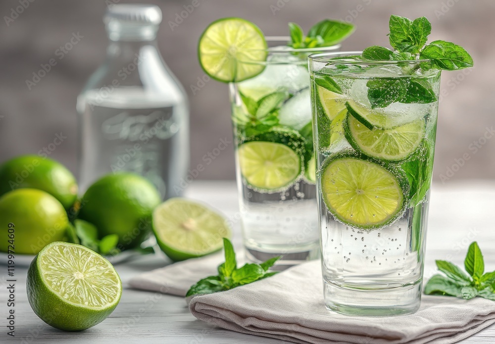Refreshing Mint Lime Drink with Slices of Lime and Fresh Mint Leaves in Stylish Glasses on a Bright Background with Green Limes and Water Bottle Refreshing Mint Lime Drink with Slices of Lime and Fresh Mint Leaves in Stylish Glasses on a Bright Background with Green Limes and Water Bottle