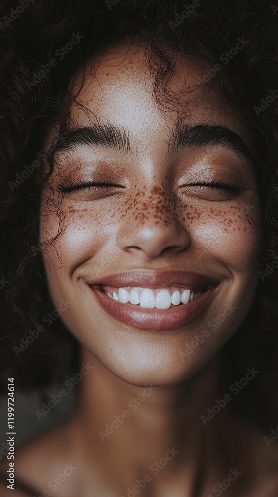Close-up of a young woman with natural curls soft smile plain gray background document photo style Close-up of a young woman with natural curls soft smile plain gray background document photo style