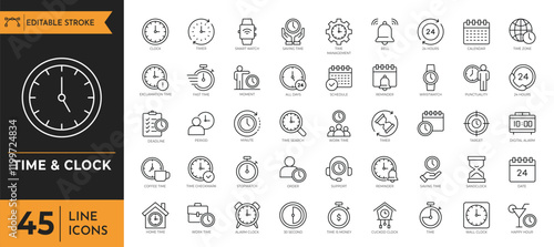 Time & Clock icon set. Containing Clock, Timer, alarm, schedule, hourglass, and more, Vector illustration