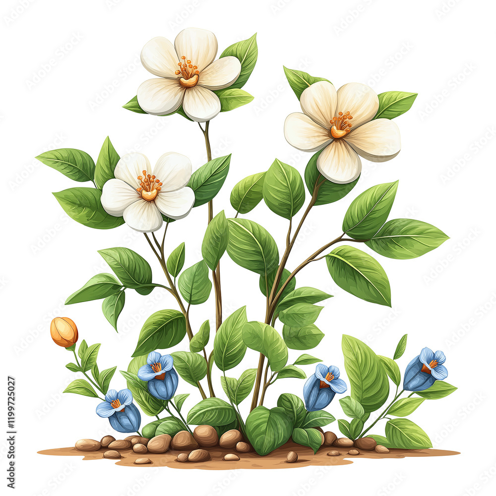 Blooming Serenity: A delicate cluster of white blossoms with vibrant green foliage and a touch of blue blooms create a serene and captivating scene. Blooming Serenity: A delicate cluster of white blossoms with vibrant green foliage and a touch of blue blooms create a serene and captivating scene.