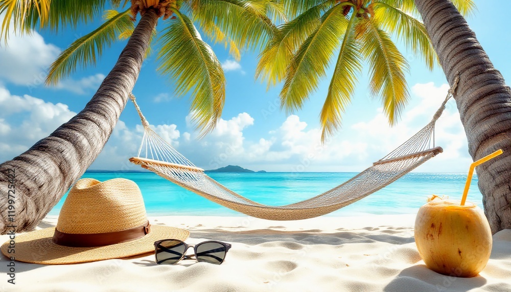 Obraz premium Tropical Beach with Hammock, Straw Hat, and Sunglasses