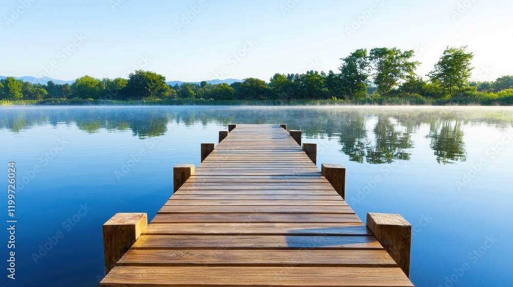 Serene Lake at Dawn with a Wooden Pier and Calm Waters Reflecting Nature’s Beauty Serene Lake at Dawn with a Wooden Pier and Calm Waters Reflecting Nature’s Beauty