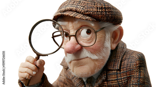 A cartoon grandfather looking through a magnifying glass trying to read small texts, 3d style, transparent background