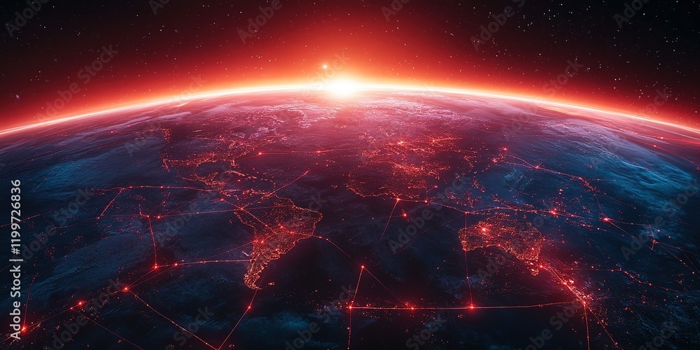 Vibrant sunrise over Earth highlighting global connectivity with glowing city lights Vibrant sunrise over Earth highlighting global connectivity with glowing city lights