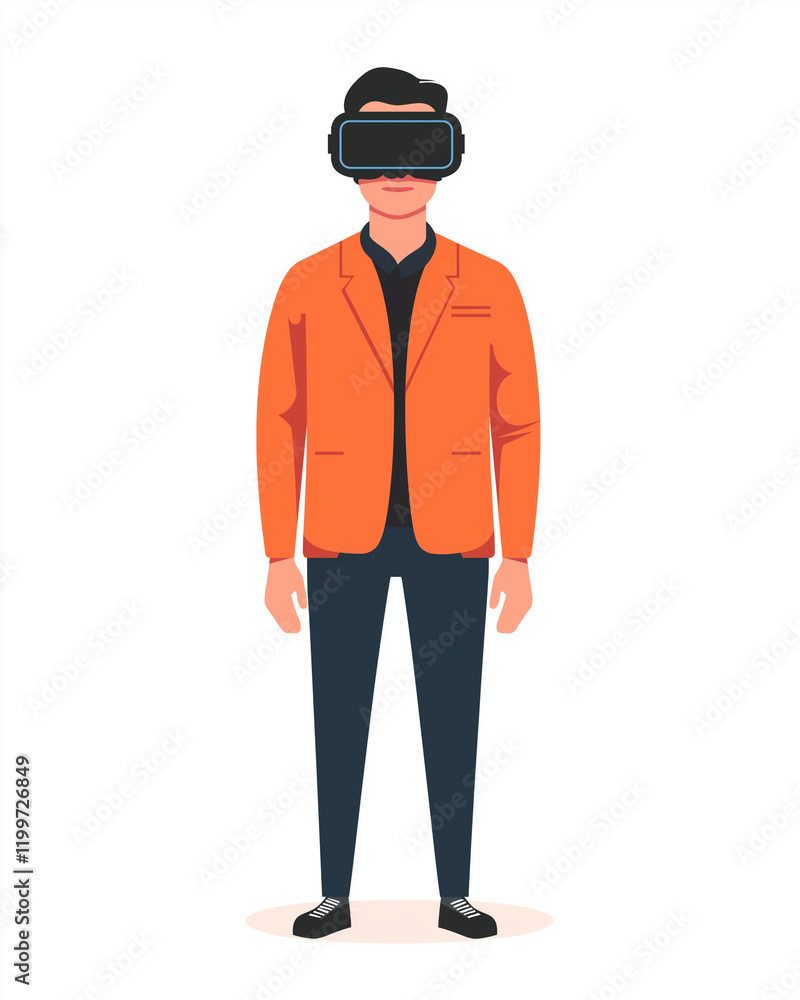 Asian man in VR glasses virtual reality creative. A person wearing a virtual reality headset with an orange jacket and black pants. Asian man in VR glasses virtual reality creative. A person wearing a virtual reality headset with an orange jacket and black pants.