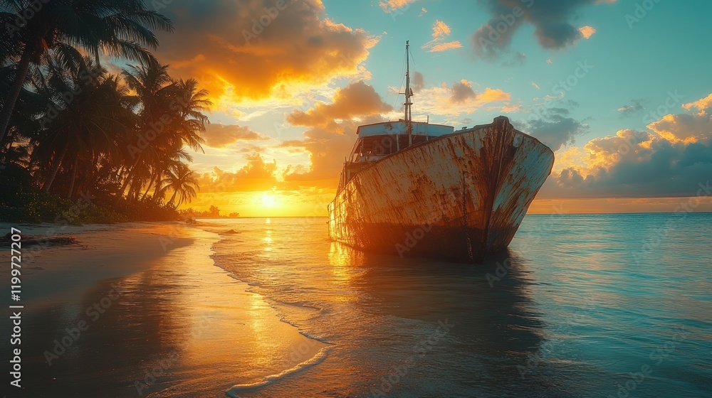 Obraz premium Here's a 10-word description of the image: Rusty shipwreck on
