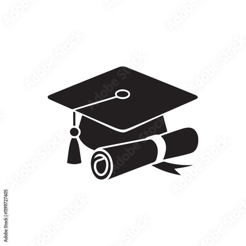 A black graduation cap and diploma icon