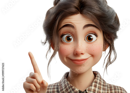 Smiling adult woman pointing finger at blank space, 3D cartoon character. Transparent background. Cutout