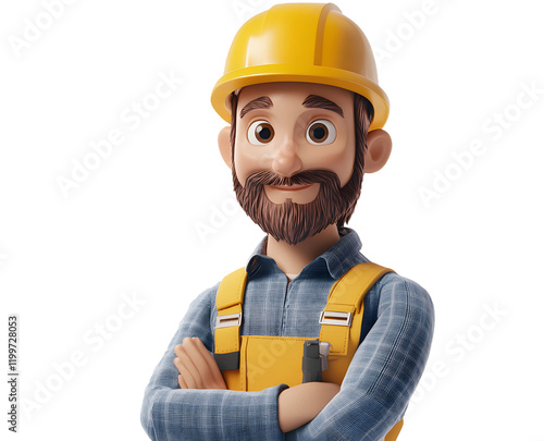 3D character of an engineer man wearing a yellow helmet. Transparent background. Cutout