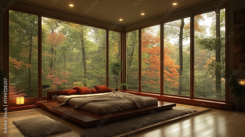 Fototapeta premium Cozy bedroom with large windows and soft lighting - generated AI