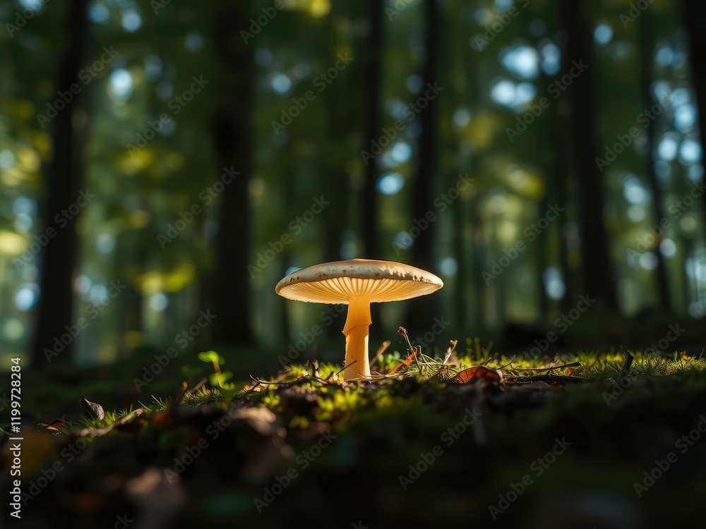 Fototapeta premium A solitary luminous mushroom cap glowing softly in the dappled light filtering through the forest canopy, nature, fungi