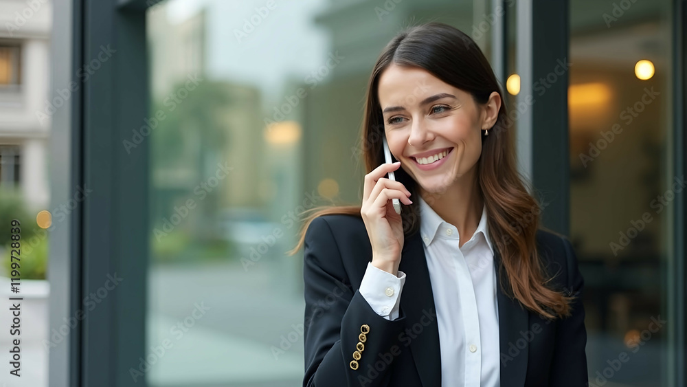 businesswoman talking on cell phone outside office businesswoman talking on cell phone outside office