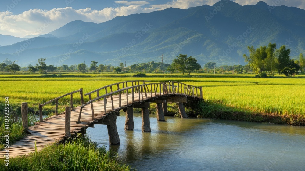 Wooden Bridge Over a Canal with Rice Paddy Fields and Mountains in the Background Wooden Bridge Over a Canal with Rice Paddy Fields and Mountains in the Background