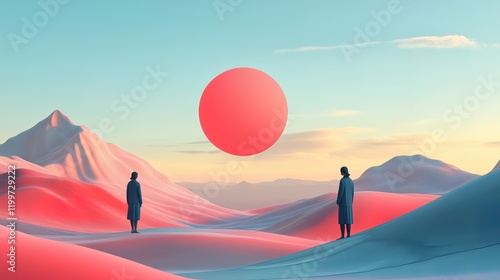 A dreamlike landscape with smooth pink and blue dunes, two figures in long coats standing apart, and a large floating red sphere in the sky. The scene is surreal, minimalist, and futuristic, evoking m
