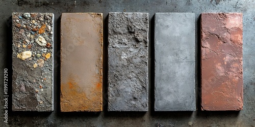 Variety of textured building materials displayed on a dark surface showcasing different finishes and colors