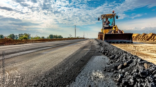 Wallpaper Mural Road construction grader leveling asphalt, rural landscape Torontodigital.ca