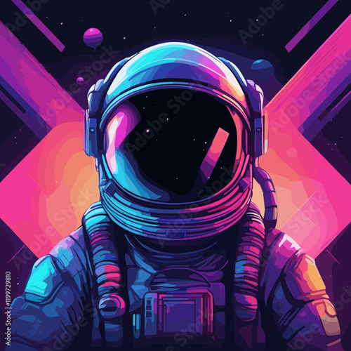 Vibrant astronaut portrait with a futuristic helmet against a colorful cosmic background
