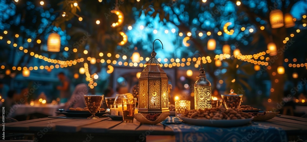 Festive Outdoor Gathering with Lanterns and Lights under a starry sky ambiance Festive Outdoor Gathering with Lanterns and Lights under a starry sky ambiance