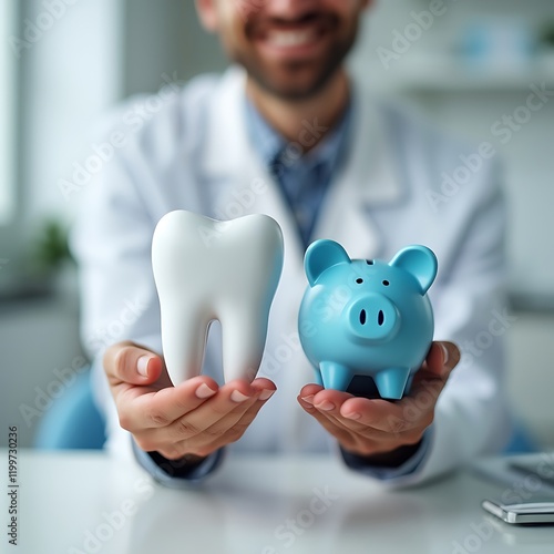 Portrait of a male dentist doctor sitting at the desk in dentistry clinic and holding piggy bank and healthy white tooth in hands. The concept of money saving for expensive dental treatment