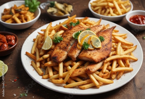 Wallpaper Mural A photo of a plate filled with crispy fries and a generous helping of grilled fish, topped with a sprinkle of paprika , pepper, plate Torontodigital.ca