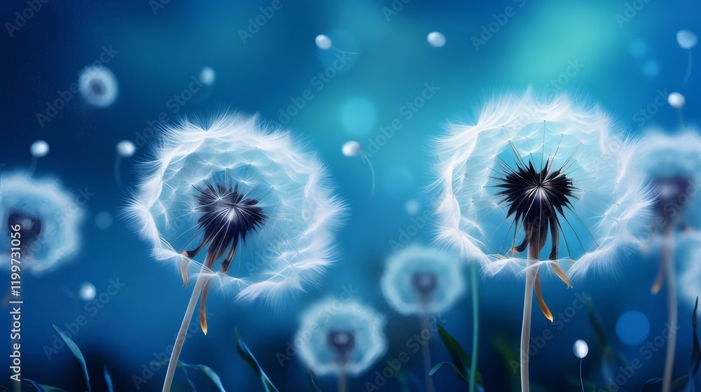 Dandelions seeds blowing, night, nature, serenity, background, card design. Dandelions seeds blowing, night, nature, serenity, background, card design.
