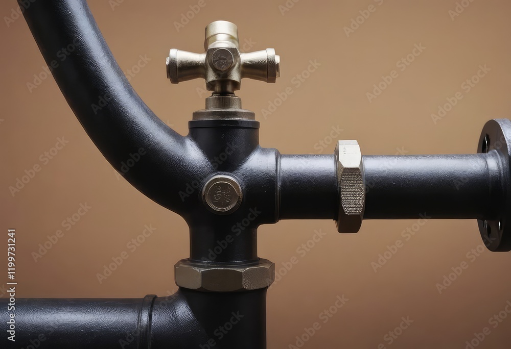 This is a detailed closeup image of a black pipe featuring a brass valve This is a detailed closeup image of a black pipe featuring a brass valve