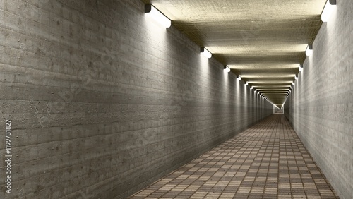 Tableau sur toile An endless underground passageway created by 3D modeling of photorealistic walls, floors, ceilings, indirect and direct lighting