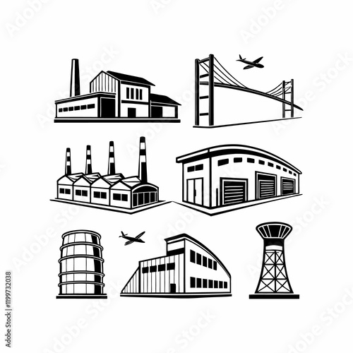 Industrial Complex Illustration Featuring Factories and Infrastructure