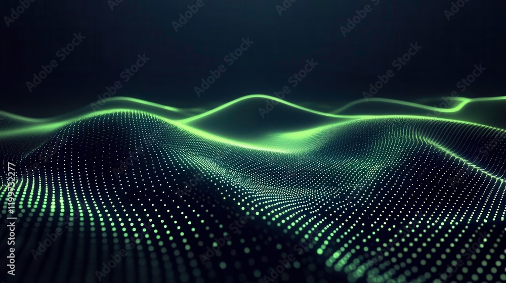 A digital landscape featuring flowing green waves and dots, creating a mesmerizing abstract representation of sound or data waves. A digital landscape featuring flowing green waves and dots, creating a mesmerizing abstract representation of sound or data waves.