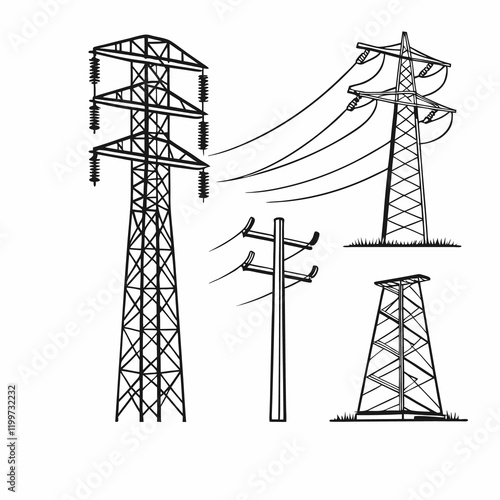This black and white graphic design showcases diverse power transmission towers, from tall, complex structures to smaller utility poles.