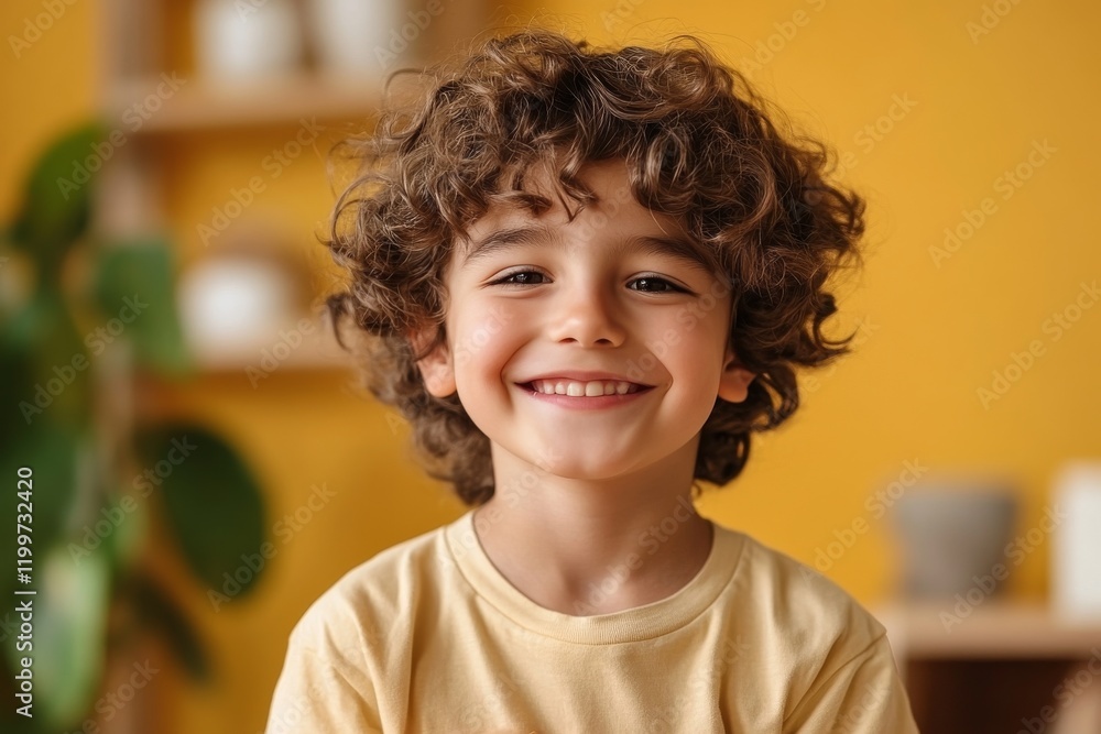 Smiling boy with curly hair poses in a cheerful room with yellow walls and green plants Smiling boy with curly hair poses in a cheerful room with yellow walls and green plants