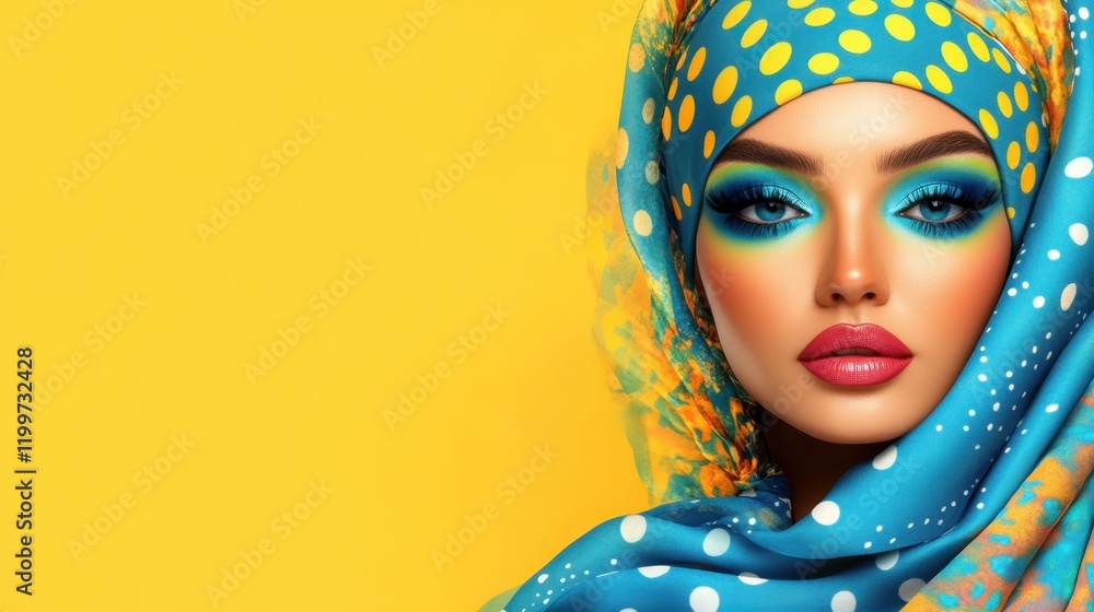 Vibrant Beauty in Turquoise: A stunning portrait of a woman wearing a vibrant turquoise headscarf adorned with polka dots, her makeup featuring bold blue eyeshadow and pink lips. Vibrant Beauty in Turquoise: A stunning portrait of a woman wearing a vibrant turquoise headscarf adorned with polka dots, her makeup featuring bold blue eyeshadow and pink lips.