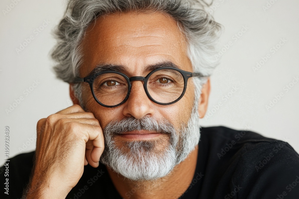 Obraz premium Mature man with glasses smiles warmly, showcasing grey hair and beard in a light-colored setting
