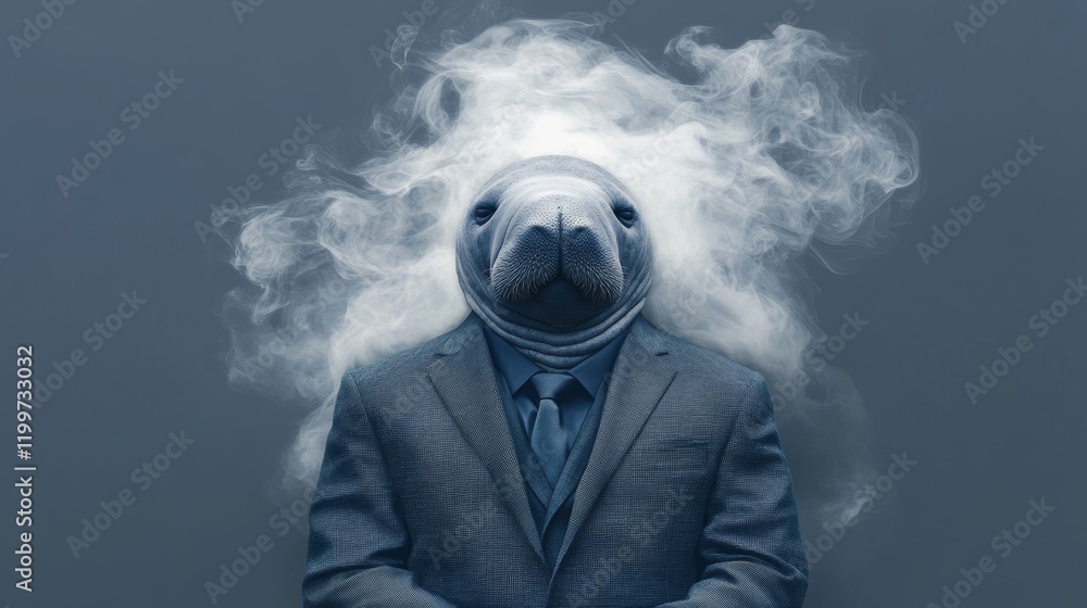 A manatee in a suit emerges from a cloud of smoke, a surreal and intriguing image. A manatee in a suit emerges from a cloud of smoke, a surreal and intriguing image.
