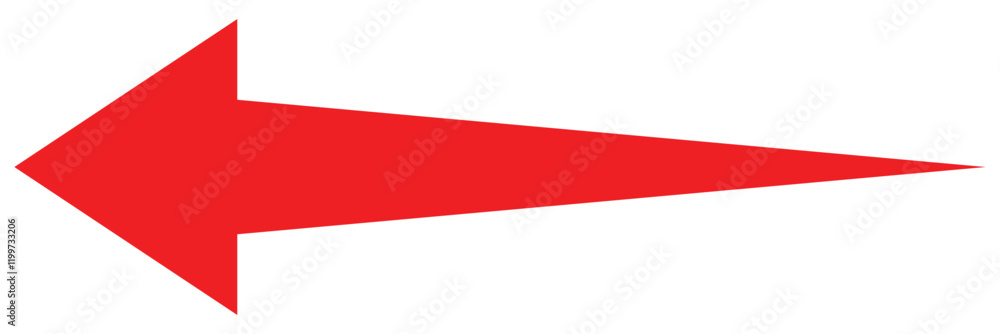 Long red arrow icon vector pointing left. Arrow shape element. Bold arrow icon. Large size red long arrow isolated on white background. Long red arrow icon vector pointing left. Arrow shape element. Bold arrow icon. Large size red long arrow isolated on white background.
