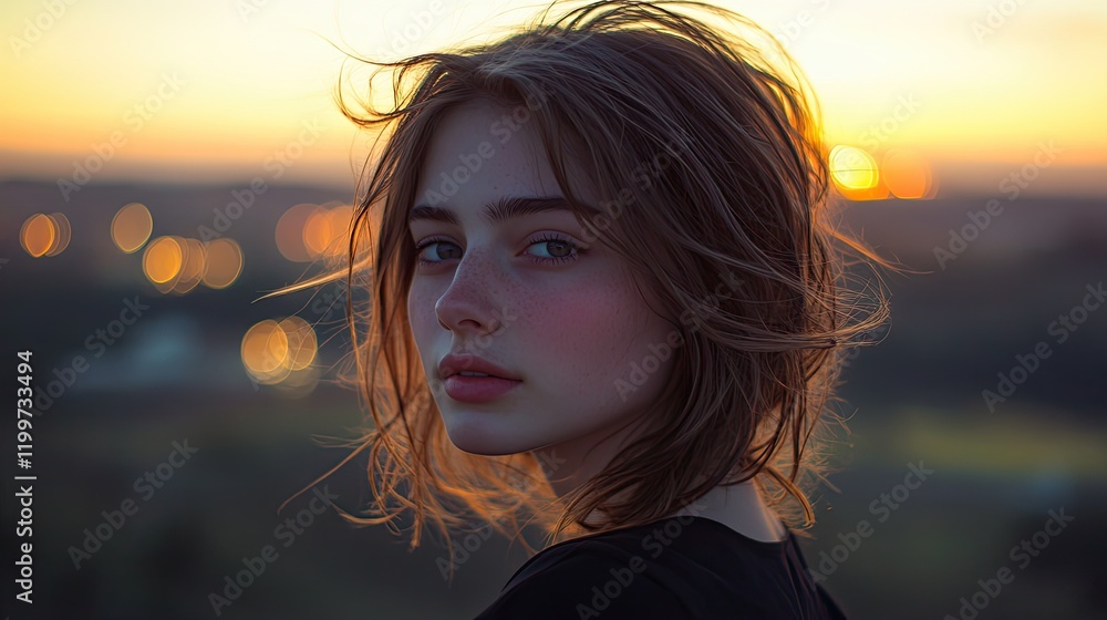 Fototapeta premium close-up of young woman with windblown hair standing on hilltop with glowing horizon