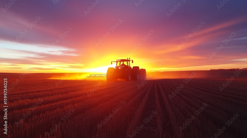 Fototapeta premium Silhouette of a tractor working in a field at sunset. Vibrant orange and purple hues paint the sky.