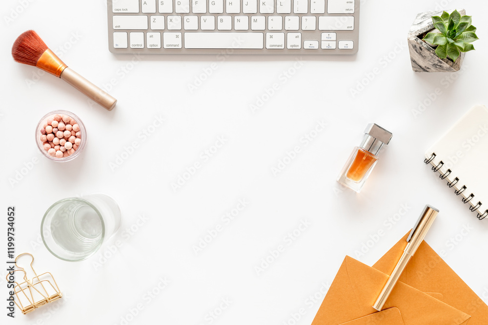 White working office table background with accessories White working office table background with accessories