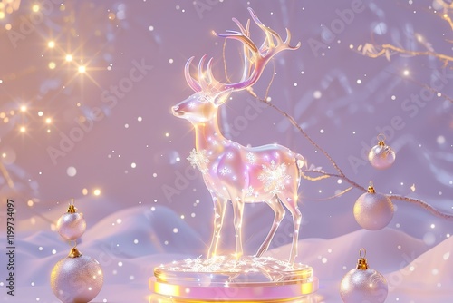 Holy light, crystal white deer, very detailed 3d animation,super clear, transparent, focusing light, optics, realism, jingle bells on a holiday bannerred  photo