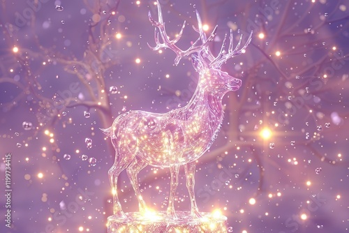 Holy light, crystal white deer, very detailed 3d animation,super clear, transparent, focusing light, optics, realism, jingle bells on a holiday bannerred  photo