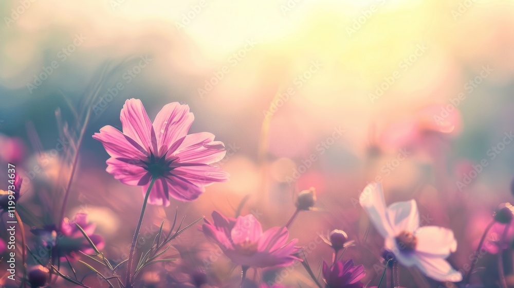 Sunset Cosmos Field, Soft Light, Floral Background, Website Banner Sunset Cosmos Field, Soft Light, Floral Background, Website Banner