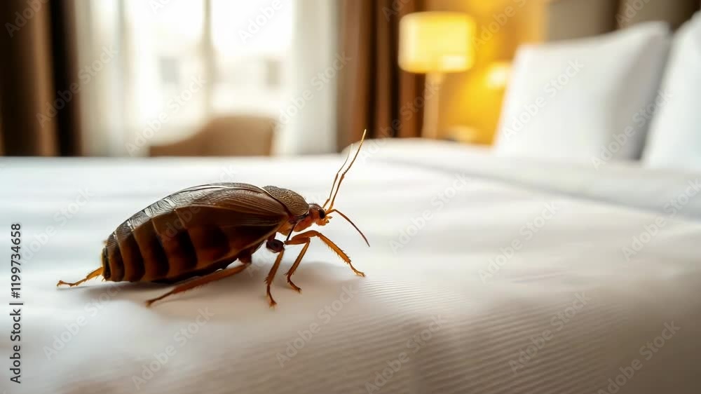 Closeup of a bed bug moving across clean bedding, highlighting concerns about cleanliness and pest control in accommodation