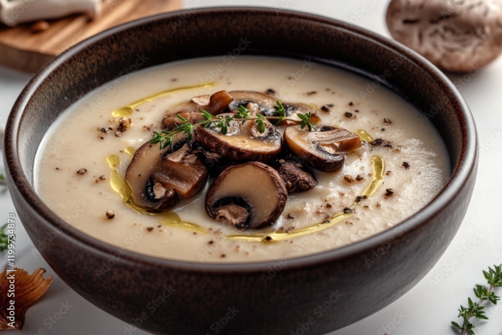 creative image of creamy mushroom soup garnished with sautéed mushrooms and thyme set on soft white background with creative image of creamy mushroom soup garnished with sautéed mushrooms and thyme set on soft white background with