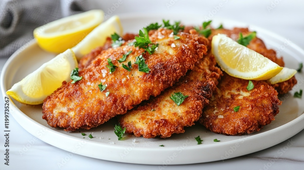 crispy chicken schnitzel garnished with lemon wedges and parsley served on clean white plate with ample copy space crispy chicken schnitzel garnished with lemon wedges and parsley served on clean white plate with ample copy space