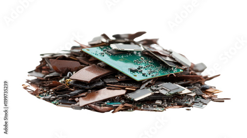 Close-up view of a pile of broken electronic components including circuit boards and wires isolated on a white background. photo